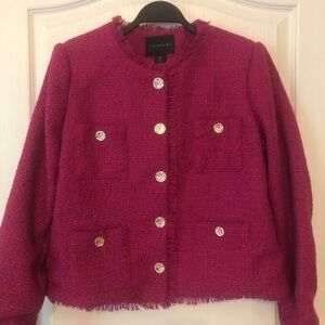 Tahari tweed, fuschia, collarless blazer NWOT